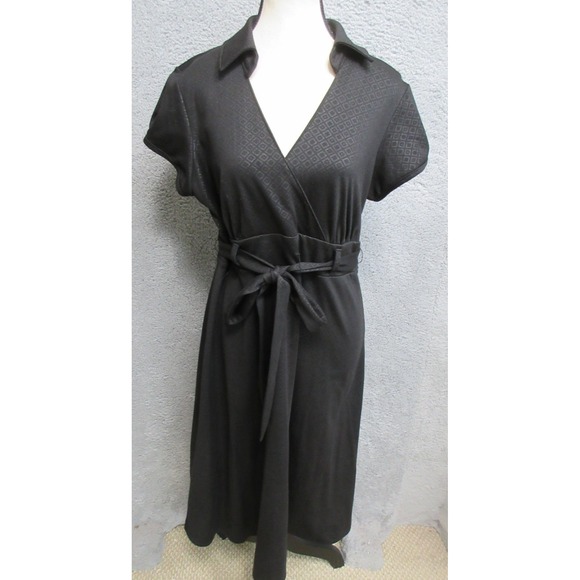 Robbie Bee Dresses & Skirts - Robbie Bee Dress Womens 10 Black Wrap Belted Collared Short Sleeve Midi A Line